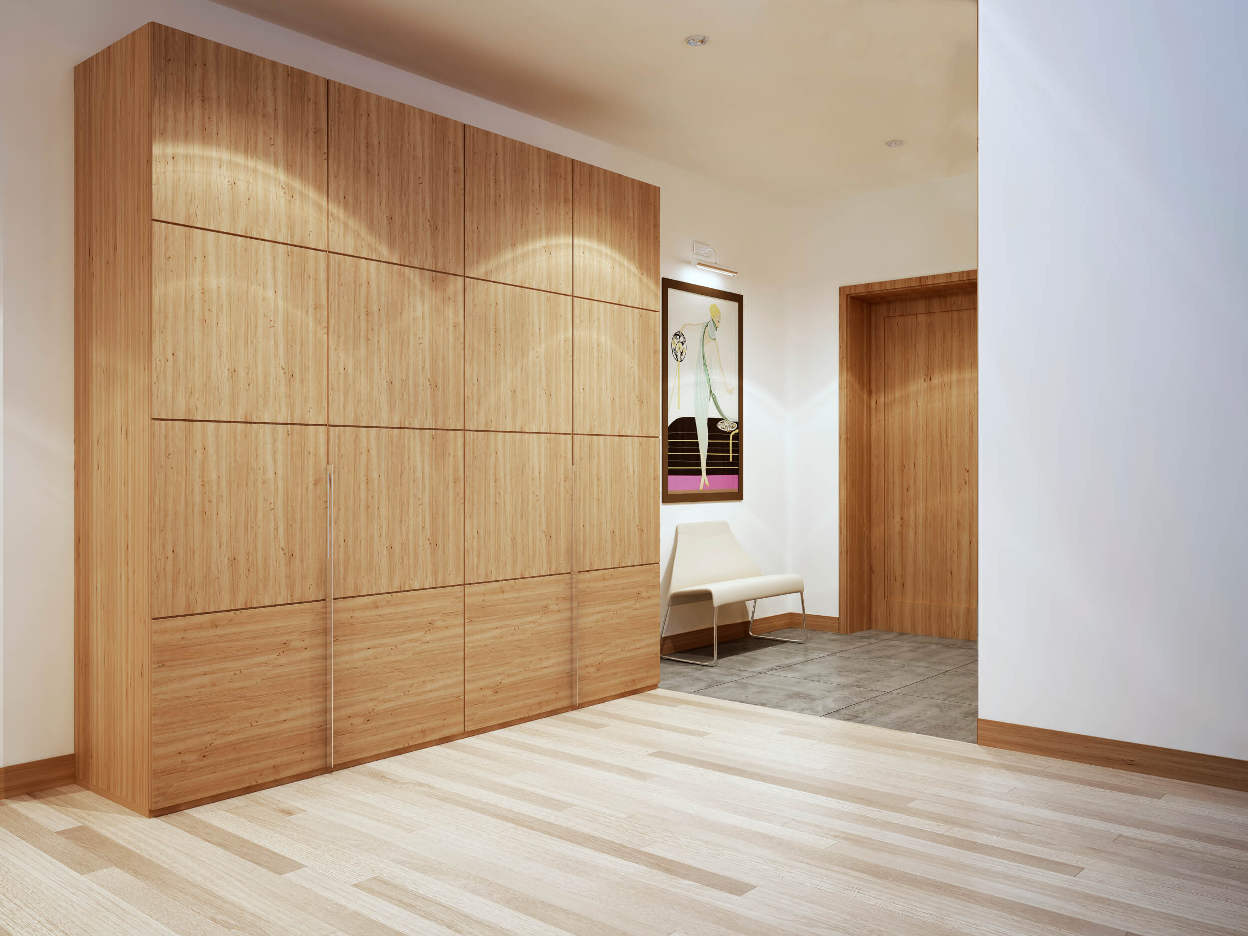 Bright modern corridor with mixed flooring. 3D render